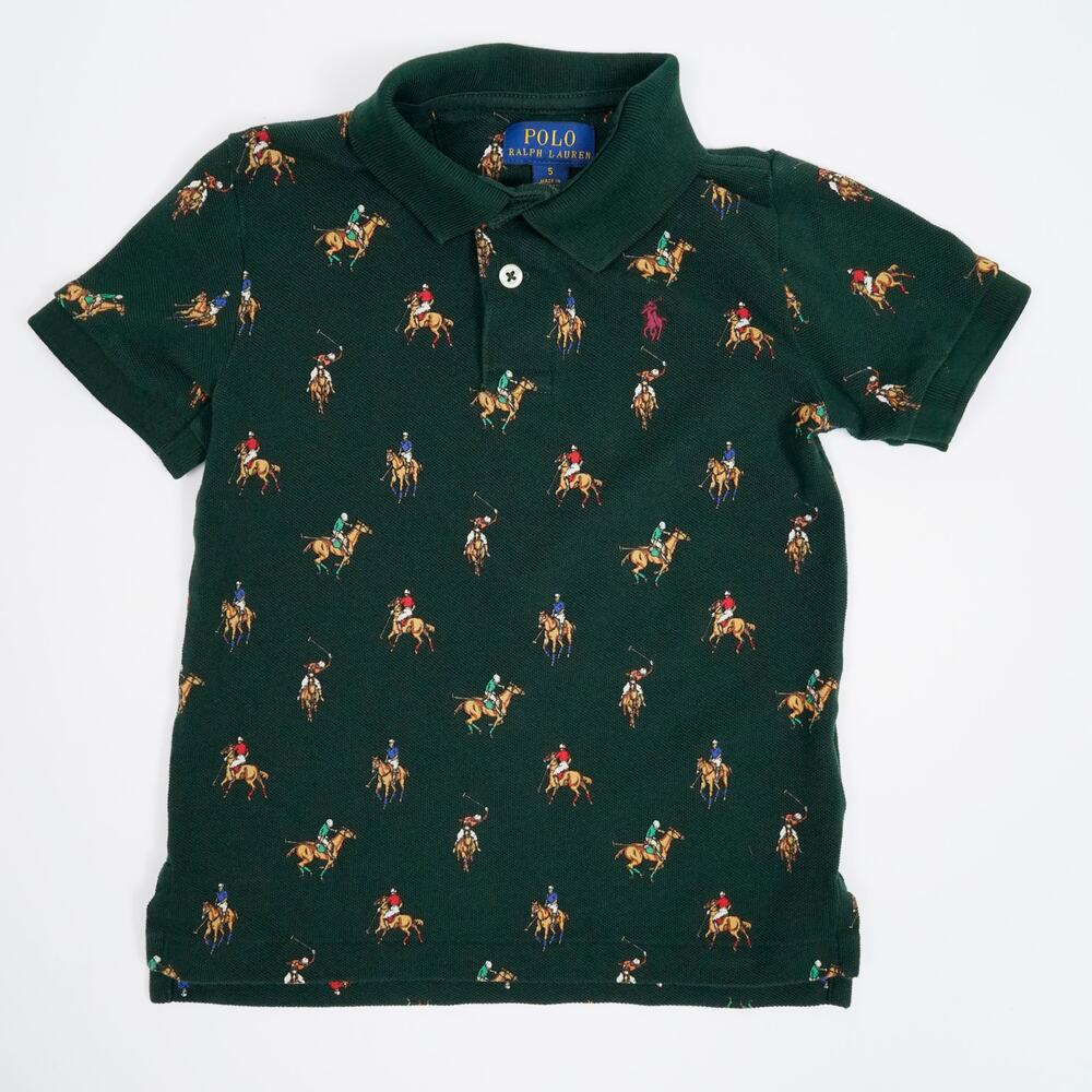 Polo Ralph Lauren Boys 5 Equestrian Print Cotton Mesh Polo Shirt Green Horse